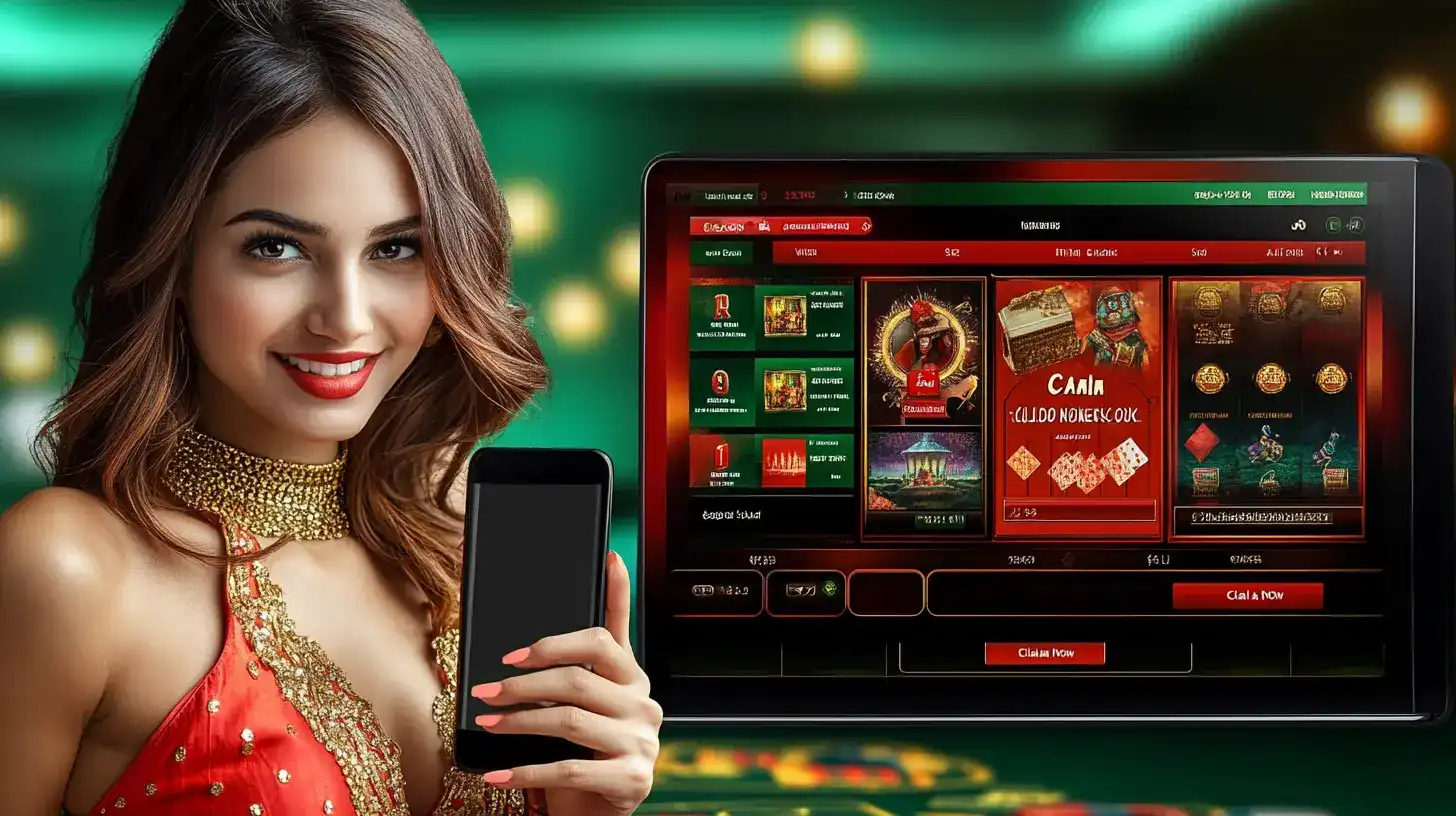 Mulher sorridente segurando um smartphone, ao lado de uma tela exibindo o lobby de jogos do cassino online 888rrr, com várias opções de jogos de cartas e slots.