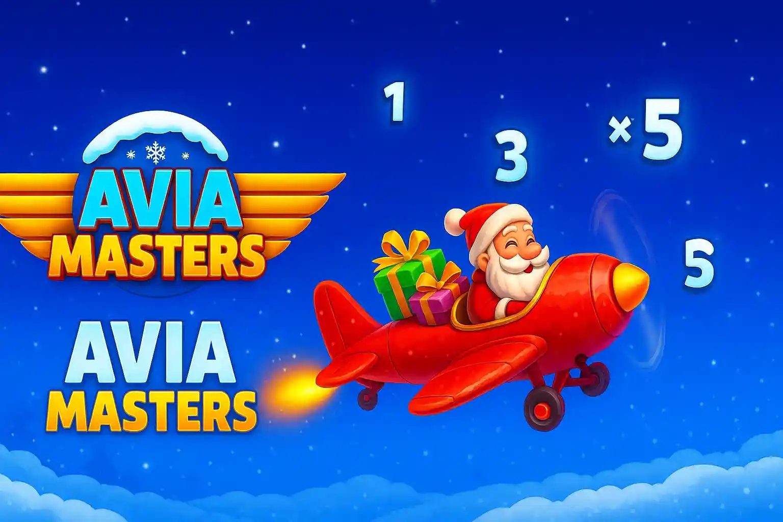 Papai Noel voando em avião vermelho Avia Masters com presentes