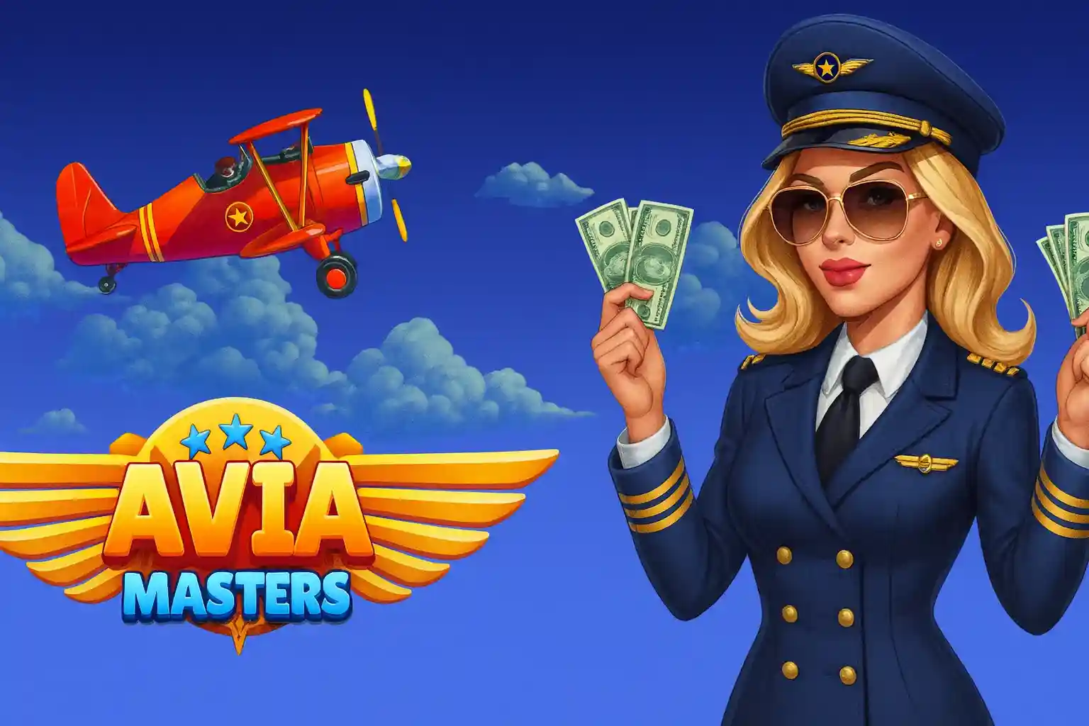 Pilota estilizada segura dinheiro com avião Avia Masters ao fundo