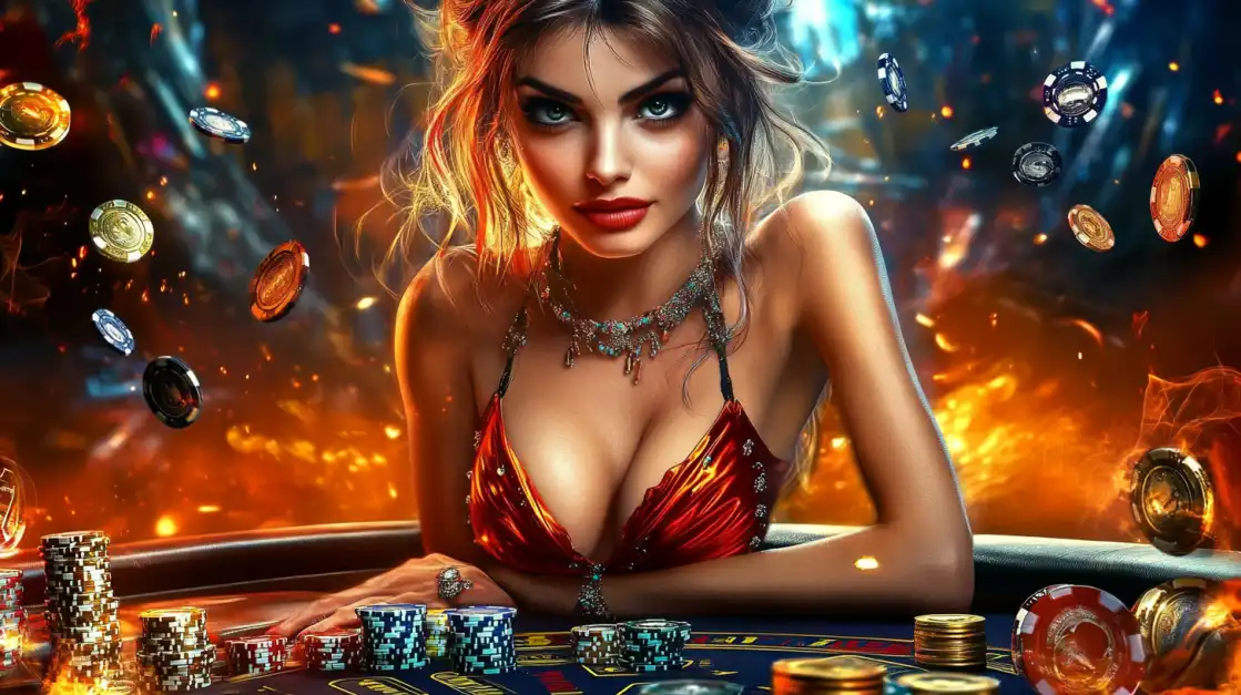 Mulher em uma mesa de cassino com pilhas de fichas e um fundo de fogo, pronta para uma rodada de altas apostas nos jogos de mesa emocionantes do cassino 888rrr.