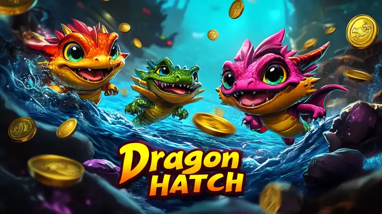 Arte promocional do jogo Dragon Hatch com três adoráveis dragões bebês nadando entre moedas de ouro, um dos slots mais divertidos para jogar no cassino 888rrr.