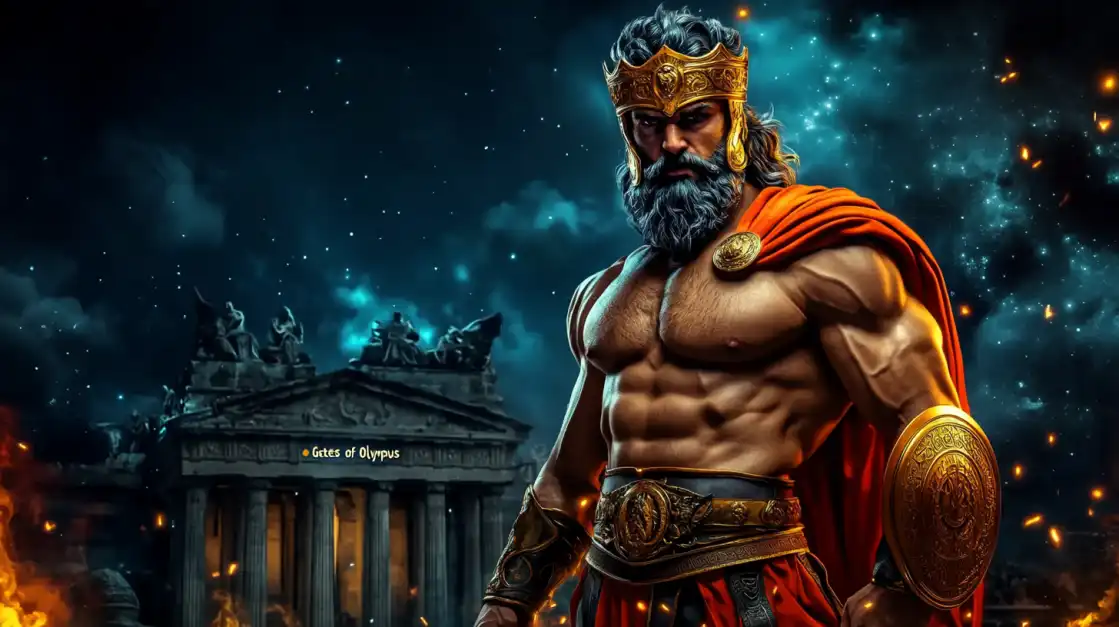 O poderoso Zeus do jogo de slot Gates of Olympus em frente ao seu templo, pronto para lançar multiplicadores divinos e prêmios épicos no cassino online 888rrr.