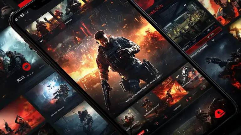 Tela de um celular exibindo uma galeria de jogos de tiro com temática militar, mostrando a variedade de e-sports disponíveis para apostas na plataforma de entretenimento 888rrr.