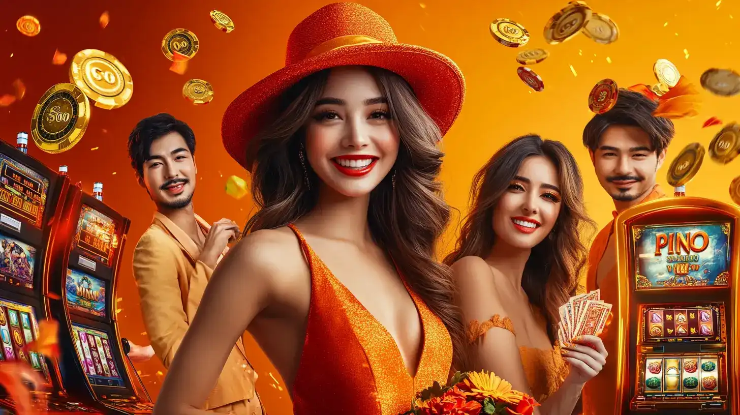 Grupo de amigos asiáticos sorrindo e se divertindo com máquinas de caça-níqueis em um ambiente festivo, celebrando suas vitórias nos jogos de cassino do 888rrr.