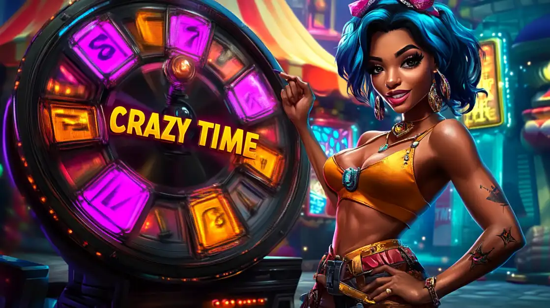Mulher estilizada com cabelo azul e visual vibrante posando ao lado da roda de prêmios do game show Crazy Time, convidando para a diversão e os bônus do cassino 888rrr.