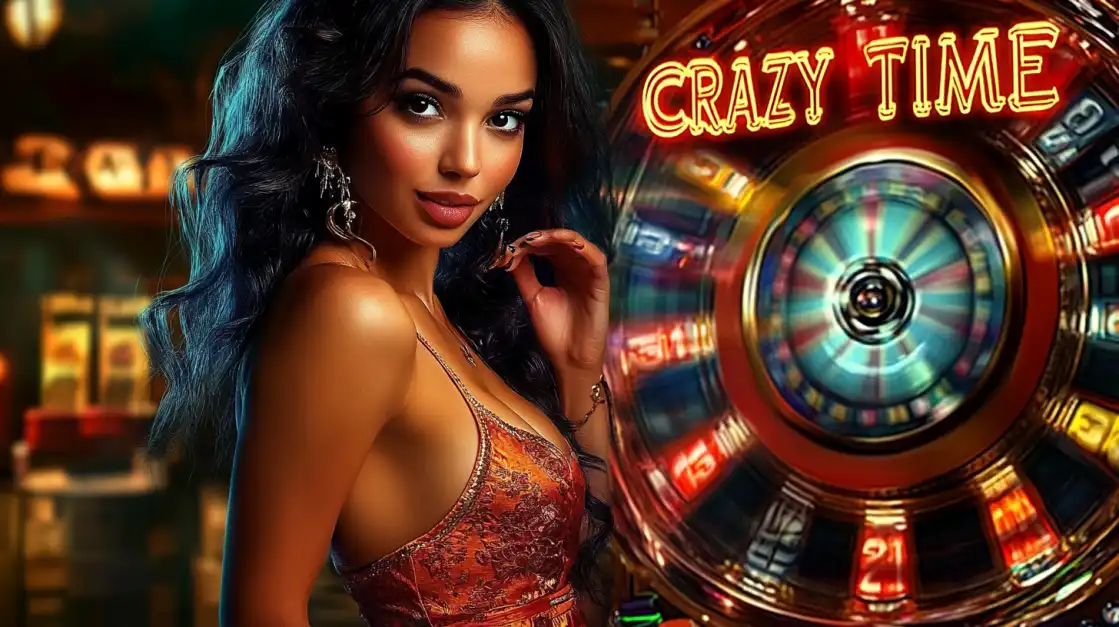 Mulher elegante ao lado da vibrante roda da fortuna do jogo de cassino ao vivo Crazy Time, um dos game shows mais populares e cheios de prêmios do 888rrr.