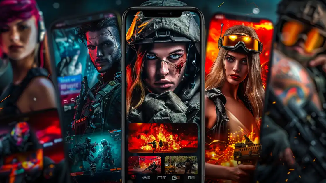 Montagem de telas de celular mostrando diversos personagens, masculinos e femininos, de um jogo de tiro, ilustrando a diversidade de equipes de e-sports para apostar no 888rrr.