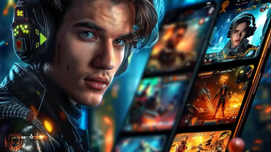 Jovem jogador com fones de ouvido olhando para a câmera, com um aplicativo de jogos e e-sports para celular ao fundo, pronto para a competição e apostas no 888rrr.