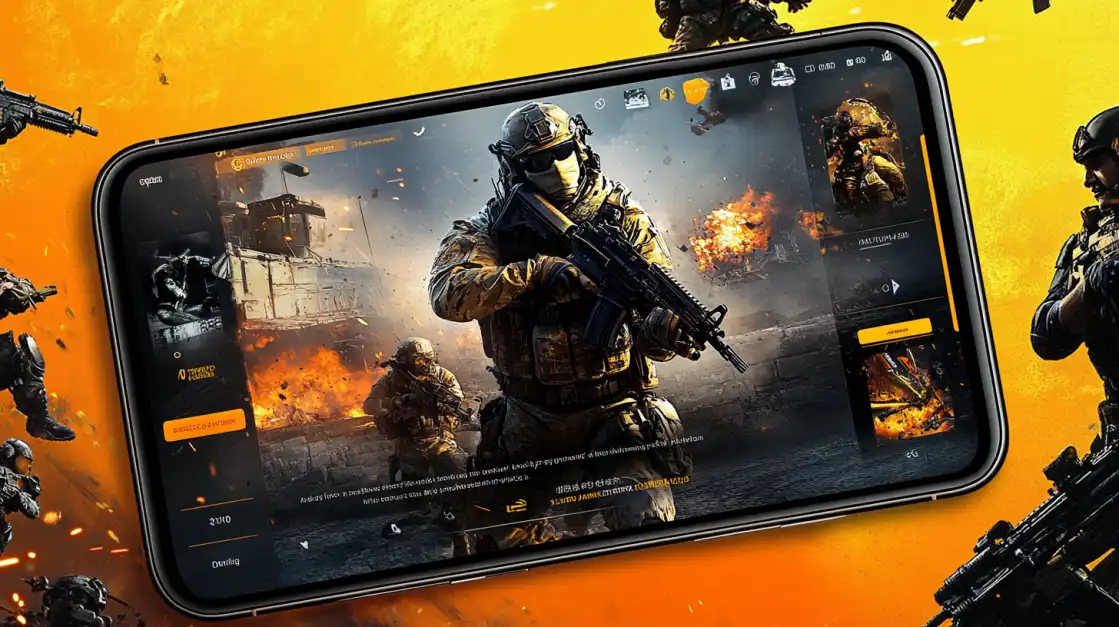 Um smartphone exibindo a interface de um jogo de tiro em primeira pessoa, com um soldado em um cenário de batalha, representando a ação dos e-sports para apostar no 888rrr.