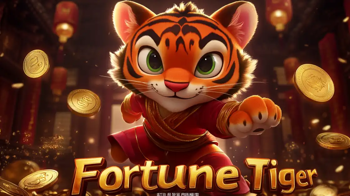 O carismático mascote do jogo de slot Fortune Tiger, um tigre fofo em pose de artes marciais, pronto para trazer sorte e multiplicadores de ganhos no cassino online 888rrr.