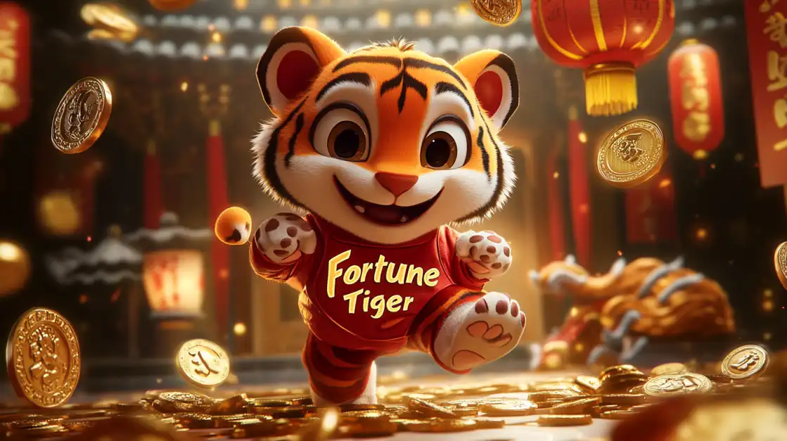 O alegre personagem do Fortune Tiger correndo sobre um caminho de moedas de ouro, simbolizando os grandes prêmios e a diversão do popular jogo de slot do 888rrr.