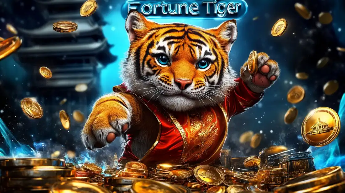Imagem promocional do jogo de slot Fortune Tiger, com um tigre majestoso em traje tradicional cercado por uma fortuna em moedas de ouro, disponível agora no cassino 888rrr.