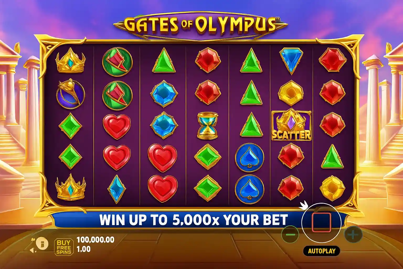 Grade do slot Gates of Olympus com símbolos coloridos e scatter