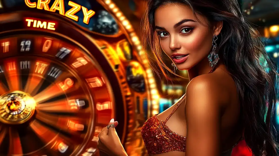 Mulher ao lado da roda de prêmios do jogo de cassino ao vivo Crazy Time, um dos shows de jogos mais emocionantes oferecidos pela plataforma de apostas 888rrr.