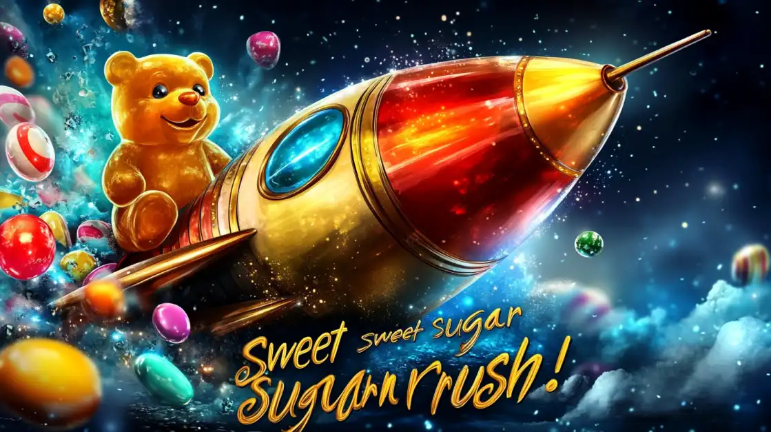 Arte promocional do jogo de slot Sugar Rush, com um urso de pelúcia em um foguete viajando pelo espaço de doces, um dos jogos divertidos disponíveis no cassino 888rrr.