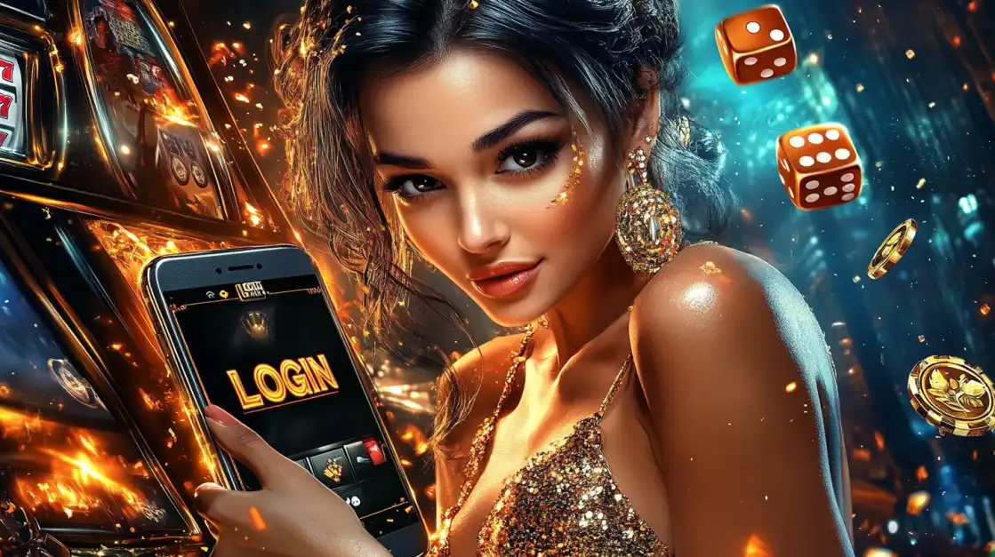 Mulher glamourosa segurando um celular com a tela de login do cassino 888rrr, rodeada por dados e moedas douradas, pronta para começar a diversão.