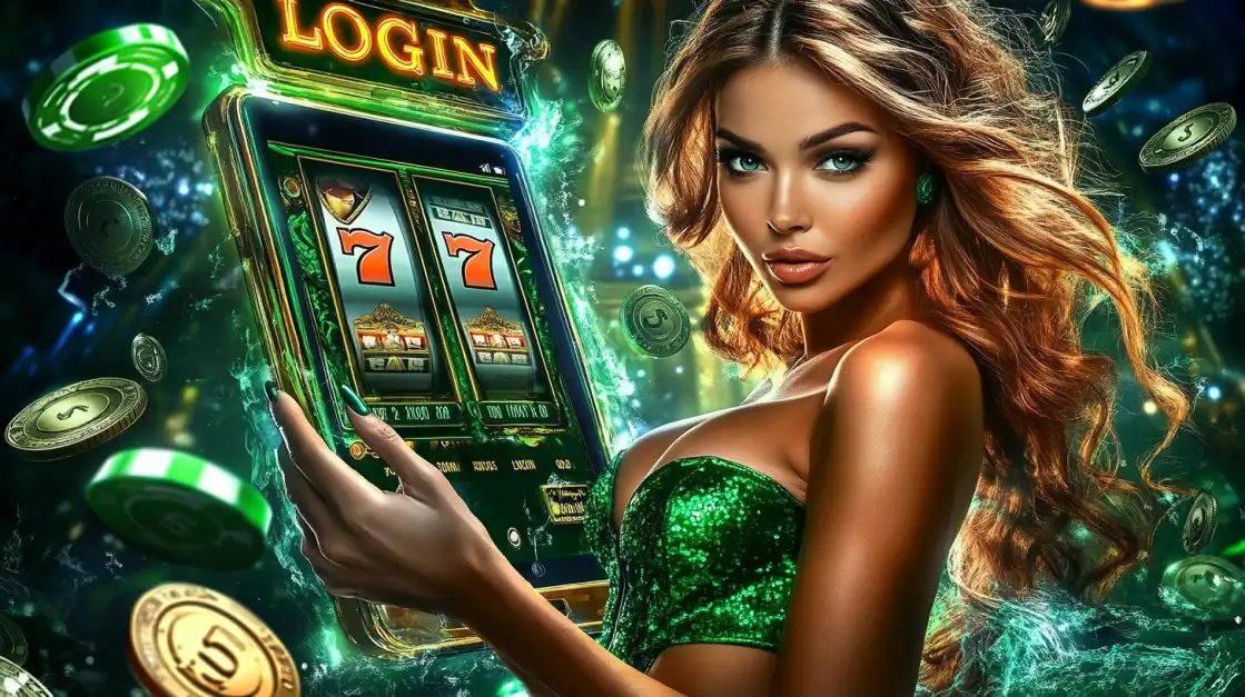 Mulher com tema verde apresentando o aplicativo do cassino 888rrr com um jogo de slot de 777, cercada por fichas de cassino e uma aura de sorte.