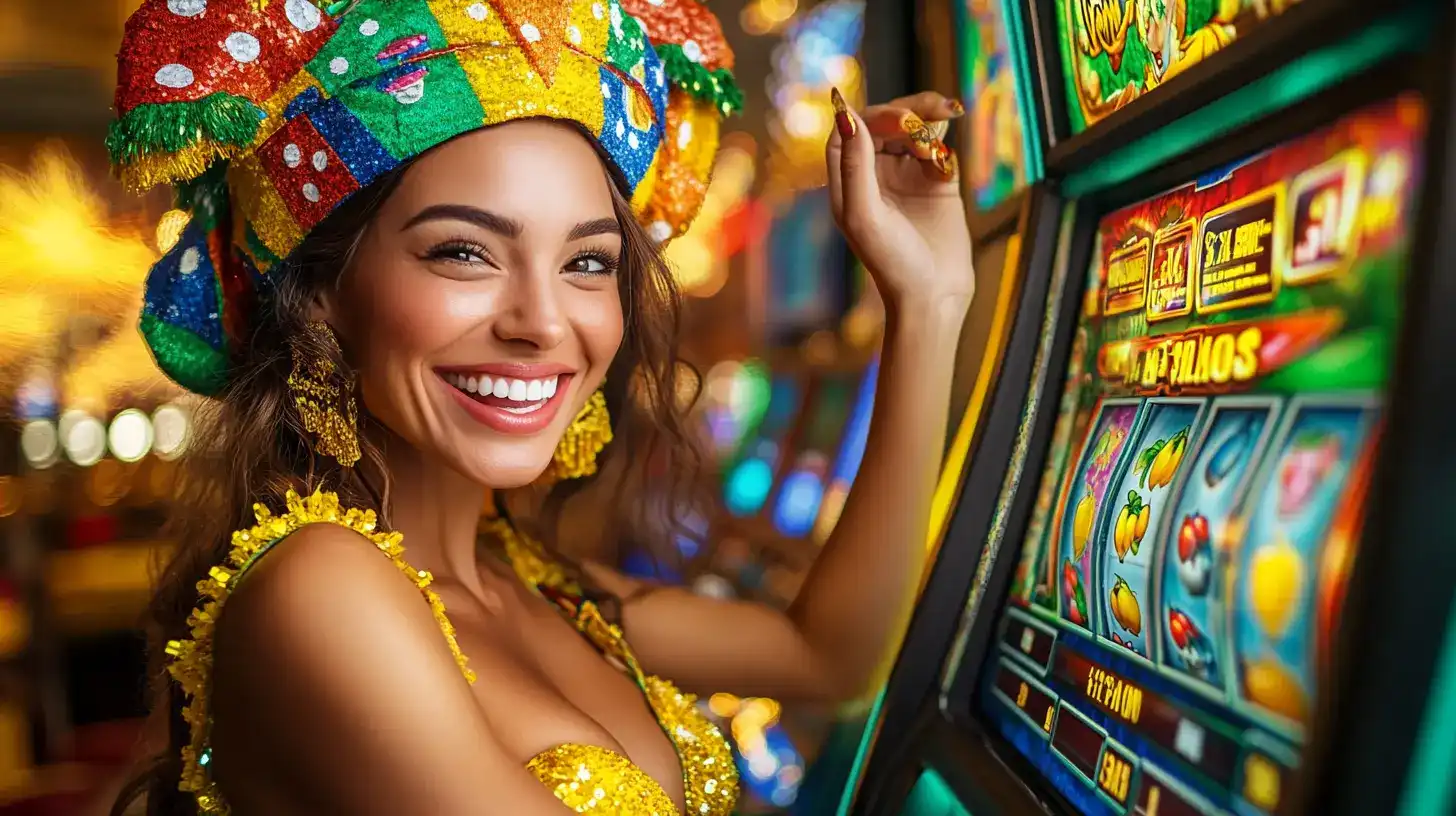 Mulher feliz com traje de carnaval amarelo e colorido ao lado de uma máquina de caça-níqueis, aproveitando a diversão e os jogos temáticos do cassino 888rrr.
